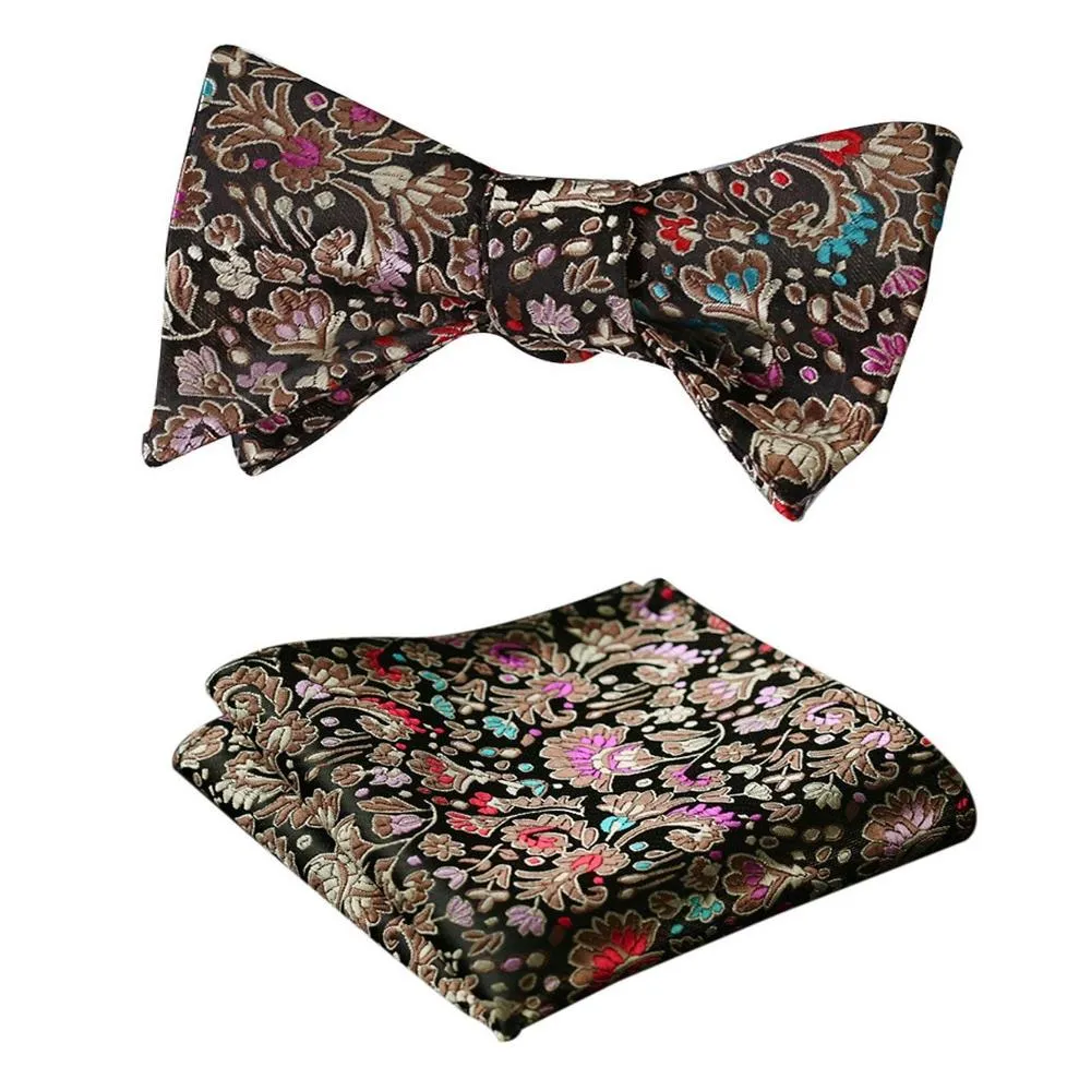 Men's Silk Brown Pink Floral Self Bow Tie Handkerchief