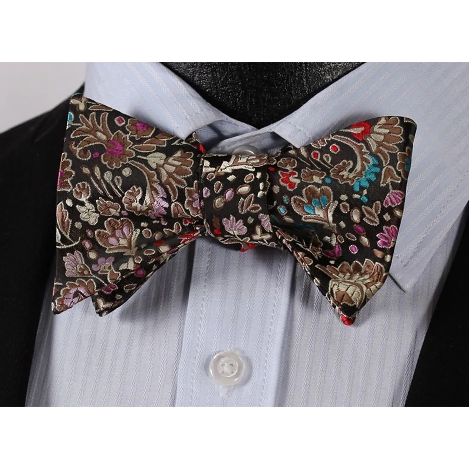 Men's Silk Brown Pink Floral Self Bow Tie Handkerchief