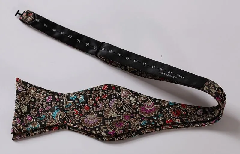 Men's Silk Brown Pink Floral Self Bow Tie Handkerchief