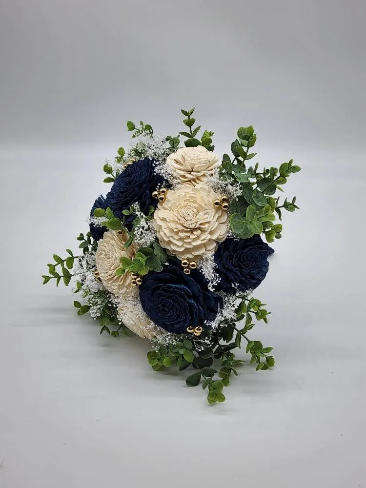 Navy Blue And White Sola Wood Flower Wedding Bouquet