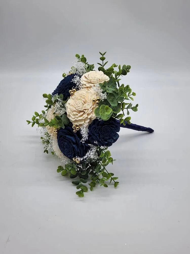 Navy Blue And White Sola Wood Flower Wedding Bouquet
