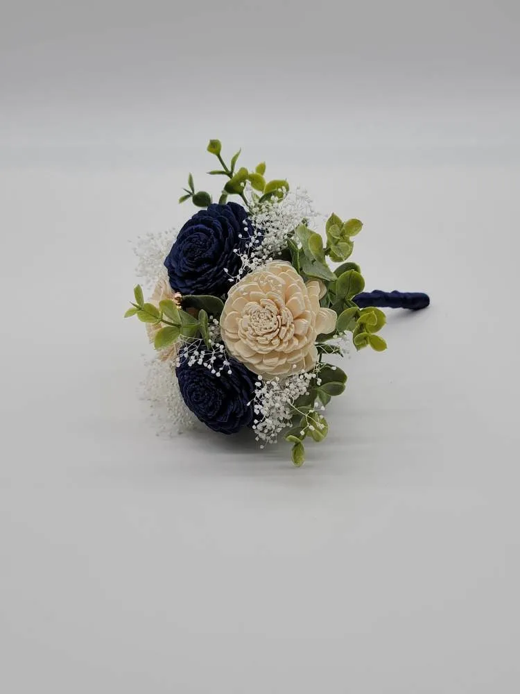 Navy Blue And White Sola Wood Flower Wedding Bouquet
