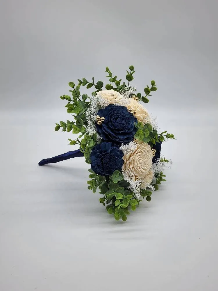 Navy Blue And White Sola Wood Flower Wedding Bouquet