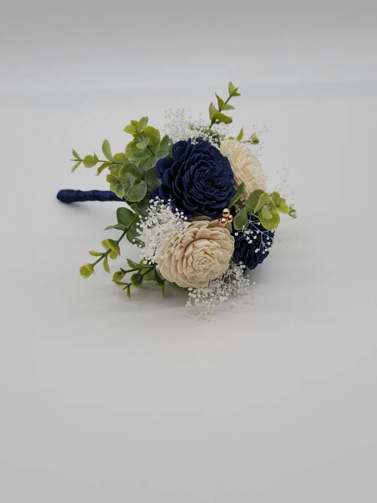 Navy Blue And White Sola Wood Flower Wedding Bouquet