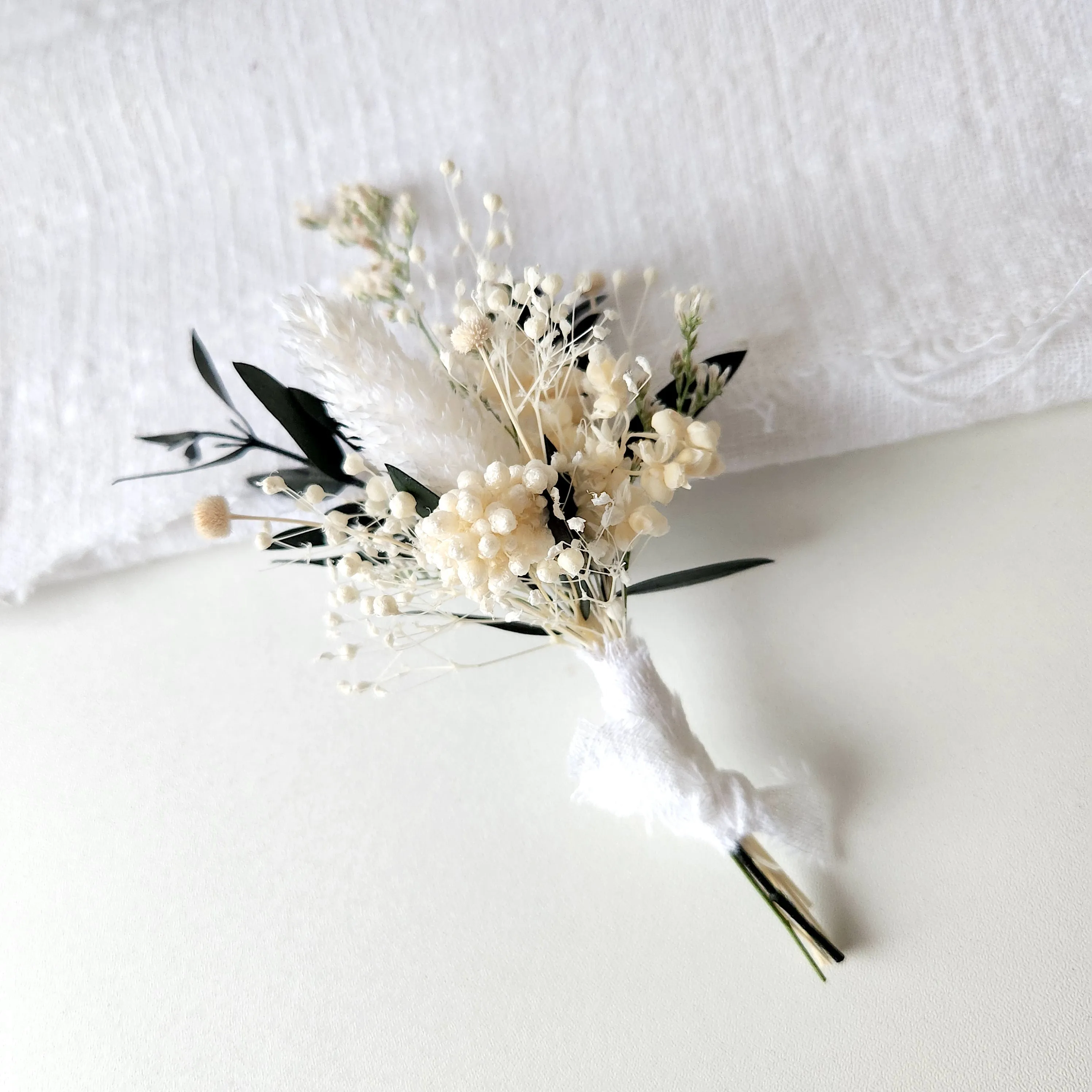 Neutral Colour Tone Boutonnieres, White and Green Dried Flower Buttonhole, Wedding Flowers