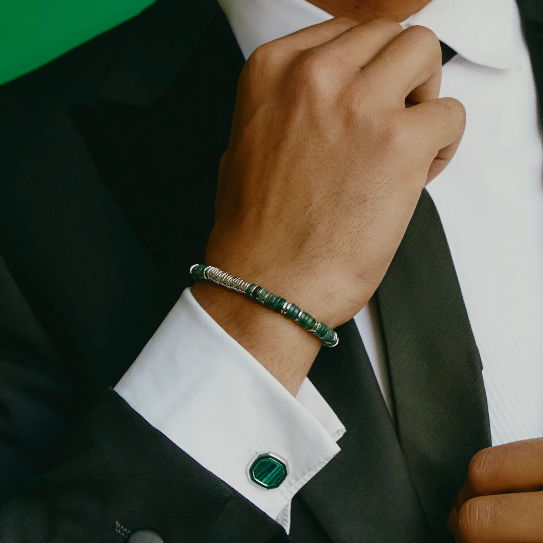 Octagon Cufflinks in White Bronze & Malachite