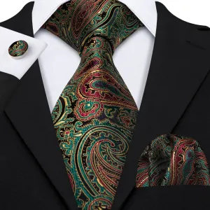 Olive Green & Bronze Paisley Silk Tie, Pocket Square & Cufflinks Set