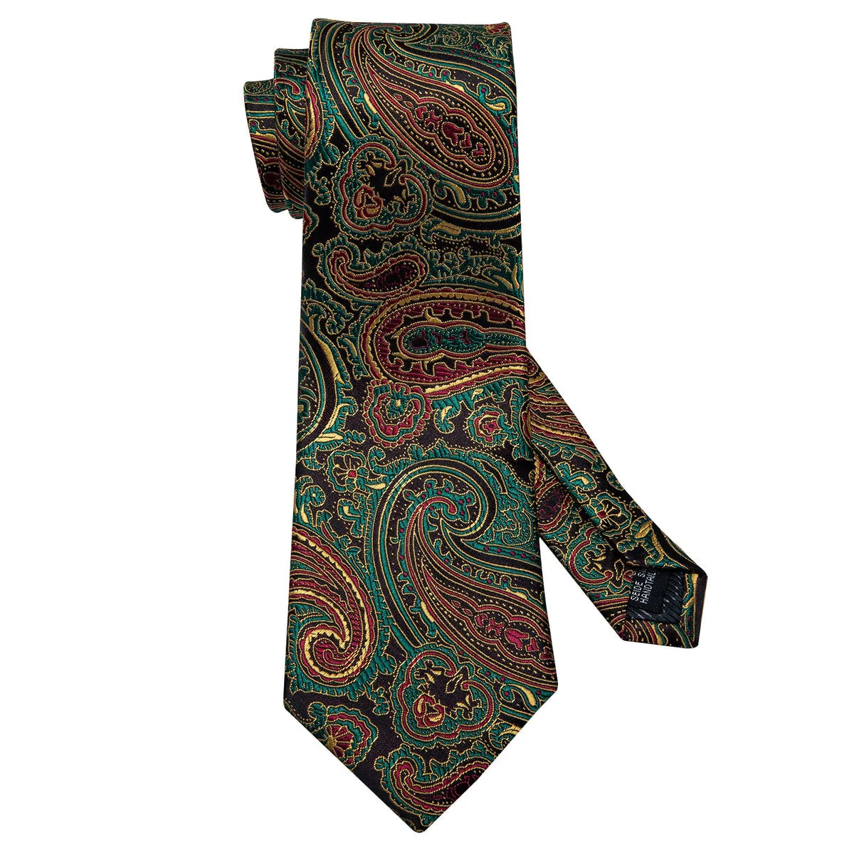 Olive Green & Bronze Paisley Silk Tie, Pocket Square & Cufflinks Set
