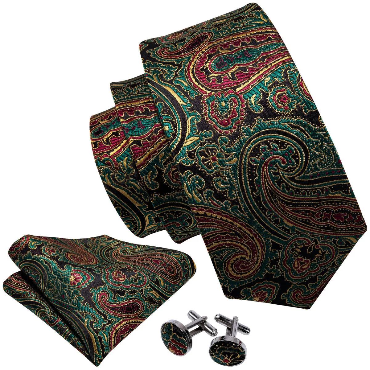 Olive Green & Bronze Paisley Silk Tie, Pocket Square & Cufflinks Set