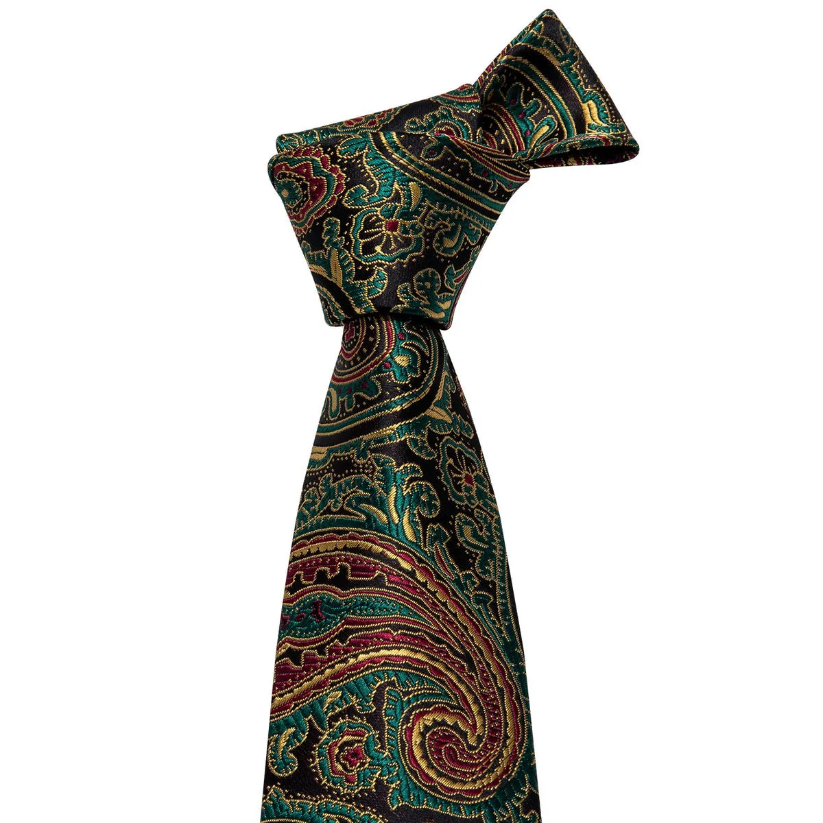 Olive Green & Bronze Paisley Silk Tie, Pocket Square & Cufflinks Set