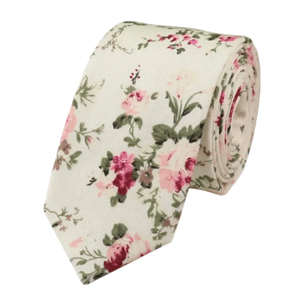 Olivia Cream Floral Cotton Skinny Tie and Warm Wooden Tie Clip