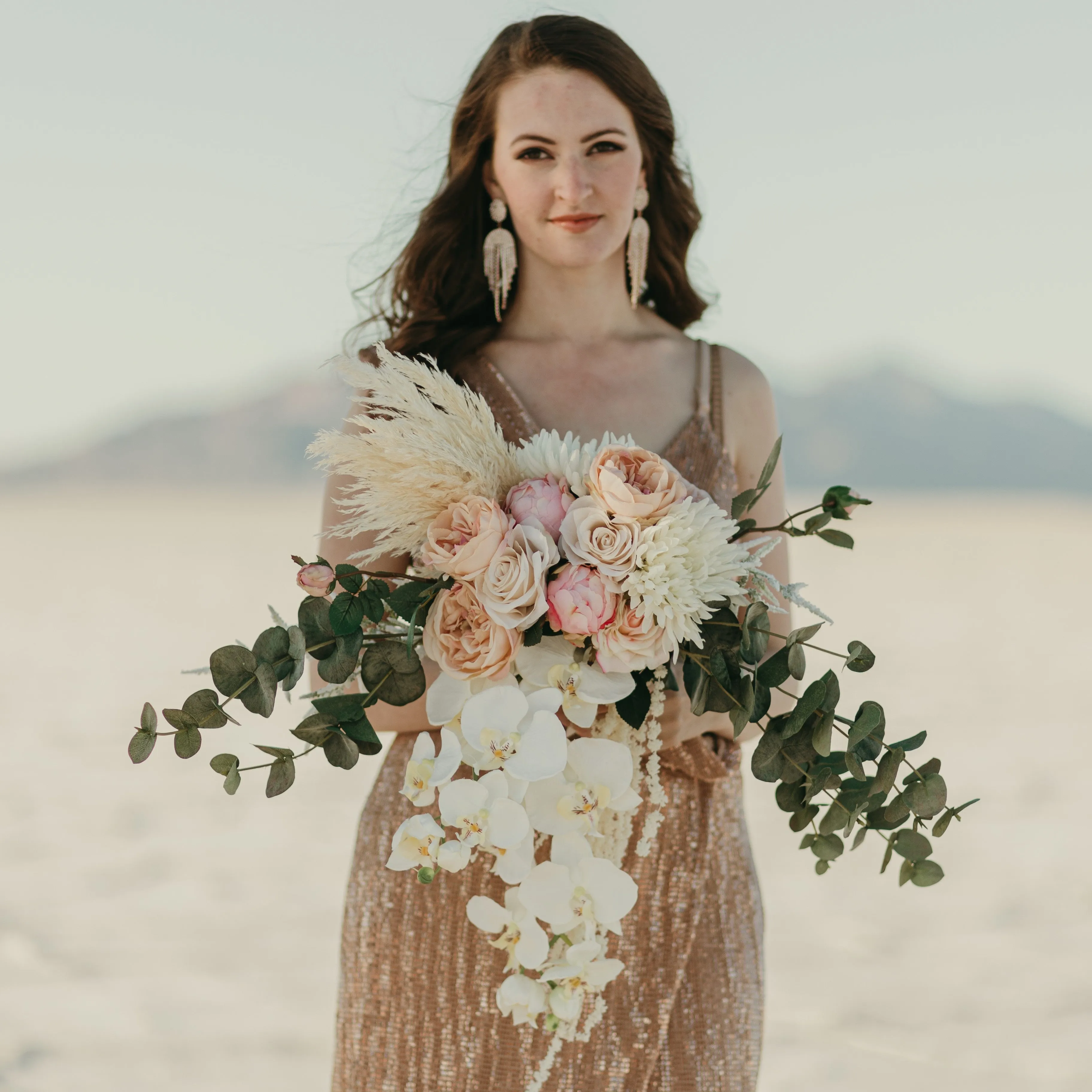 Orchid, Rose and Dried Flower Cascading Boho Bouquet