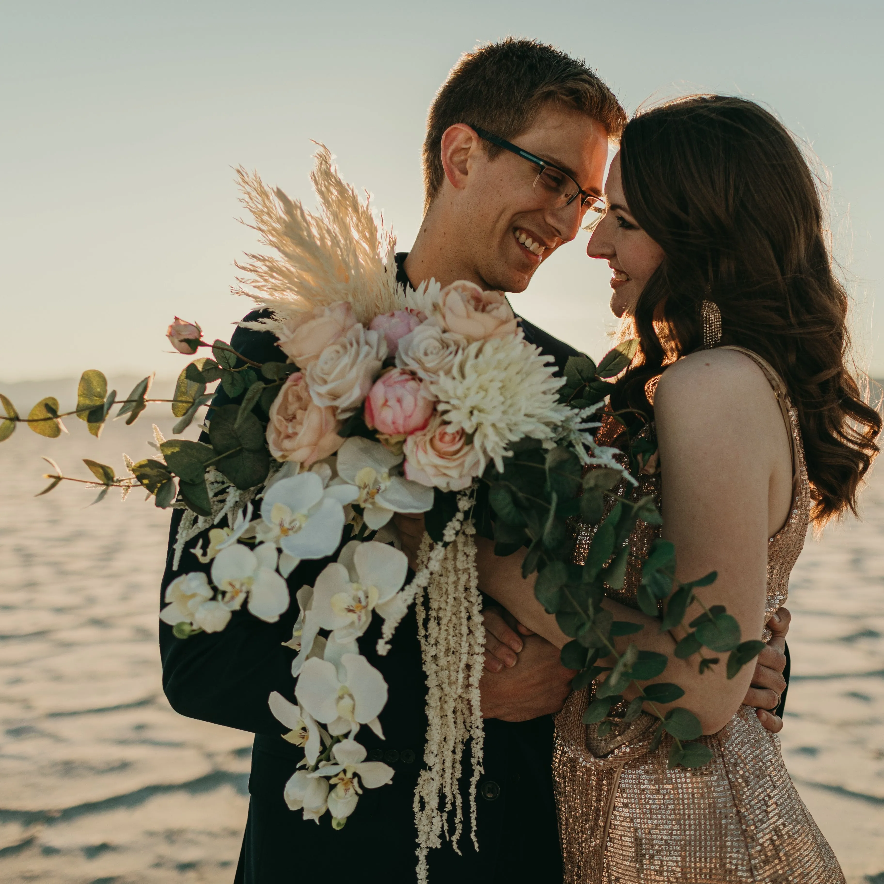 Orchid, Rose and Dried Flower Cascading Boho Bouquet