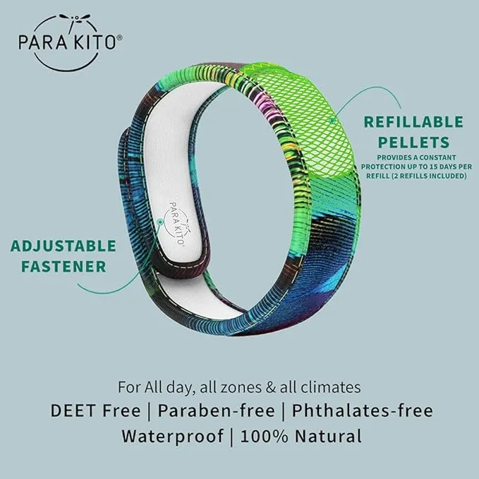PARA'KITO Mosquito Insect & Bug Protection Wristband - Mosquito Stickers & Bug Spray Alternative - Summer Essentials, Beach Accessories, Hiking & Camping Essentials - Natural Essential Oils (Peacock)