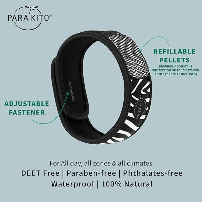 PARA'KITO Mosquito Insect & Bug Protection Wristband - Mosquito Stickers & Bug Spray Alternative - Summer Essentials, Beach Accessories, Hiking & Camping Essentials - Natural Essential Oils (Zebra)