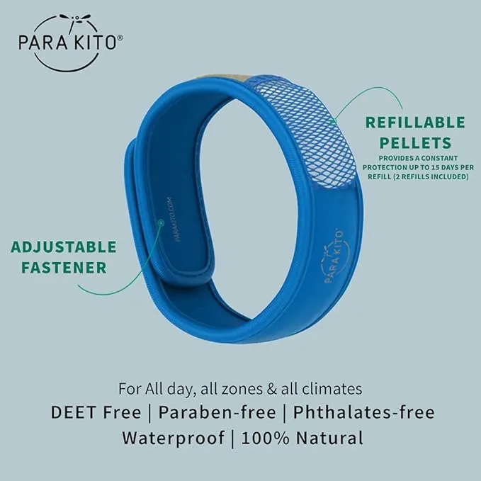 PARA'KITO Mosquito Insect & Bug Protection Wristband - Mosquito Stickers, Bug Spray Alternative Essentials for Beach, Camping, Desert Hiking, Christmas Bonfires - Natural Essential Oils (Blue)