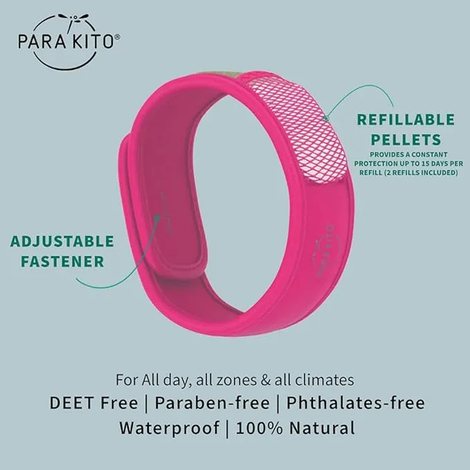 PARA'KITO Mosquito Insect & Bug Protection Wristband - Mosquito Stickers, Bug Spray Alternative Essentials for Beach, Camping, Desert Hiking, Christmas Bonfires - Natural Essential Oils (Fuchsia)
