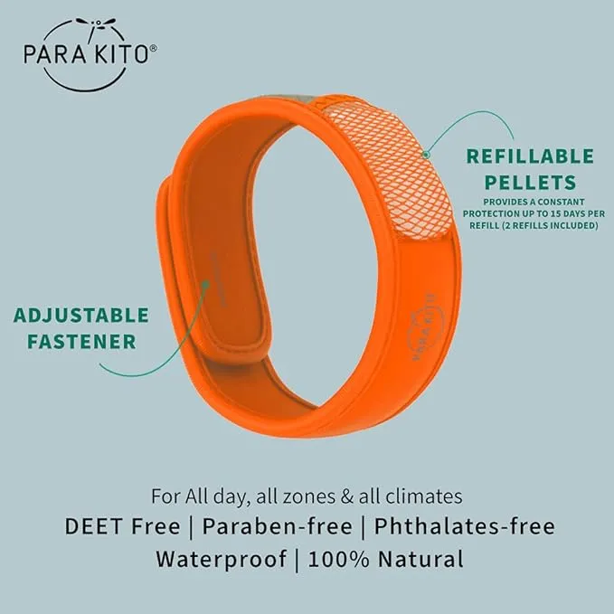 PARA'KITO Mosquito Insect & Bug Protection Wristband - Mosquito Stickers, Bug Spray Alternative Essentials for Beach, Camping, Desert Hiking, Christmas Bonfires - Natural Essential Oils (Orange)