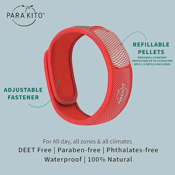 PARA'KITO Mosquito Insect & Bug Protection Wristband - Mosquito Stickers, Bug Spray Alternative Essentials for Beach, Camping, Desert Hiking, Christmas Bonfires - Natural Essential Oils (Red)