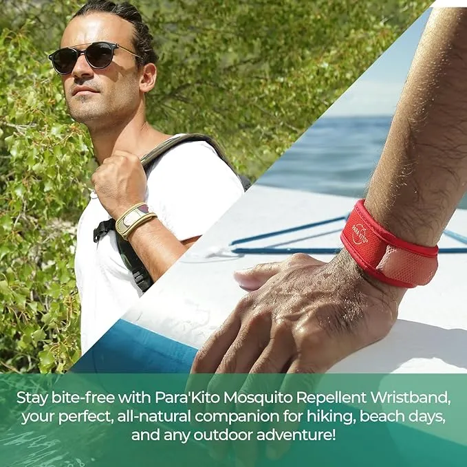 PARA'KITO Mosquito Insect & Bug Protection Wristband - Mosquito Stickers, Bug Spray Alternative Essentials for Beach, Camping, Desert Hiking, Christmas Bonfires - Natural Essential Oils (Red)