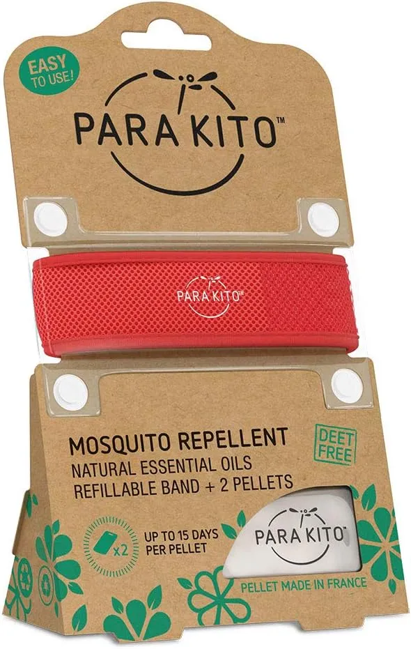 PARA'KITO Mosquito Insect & Bug Protection Wristband - Mosquito Stickers, Bug Spray Alternative Essentials for Beach, Camping, Desert Hiking, Christmas Bonfires - Natural Essential Oils (Red)