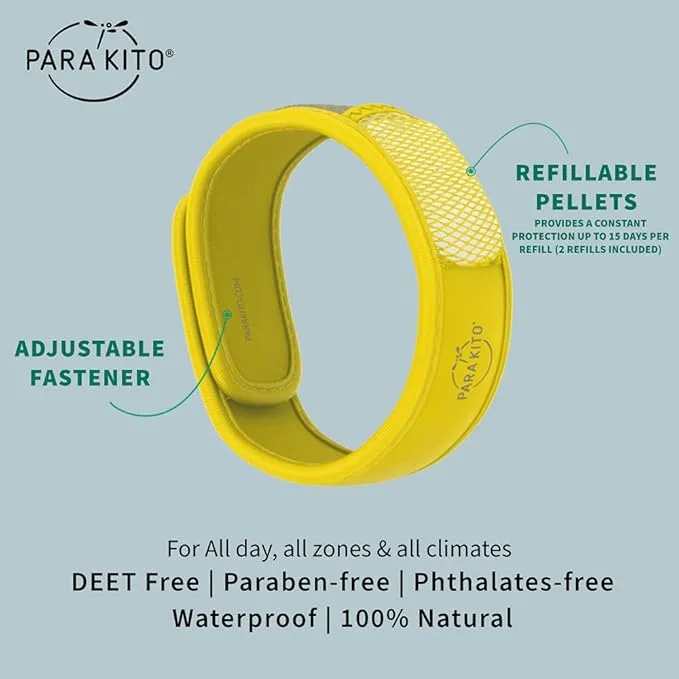 PARA'KITO Mosquito Insect & Bug Protection Wristband - Mosquito Stickers, Bug Spray Alternative Essentials for Beach, Camping, Desert Hiking, Christmas Bonfires - Natural Essential Oils (Yellow)