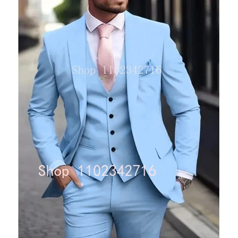 Pink Luxury Men Suits Terno Slim fit 3 Piece Jacket Pant With Vest Groom Wedding Tuxedo Costume Homme Formal Occasion Terno