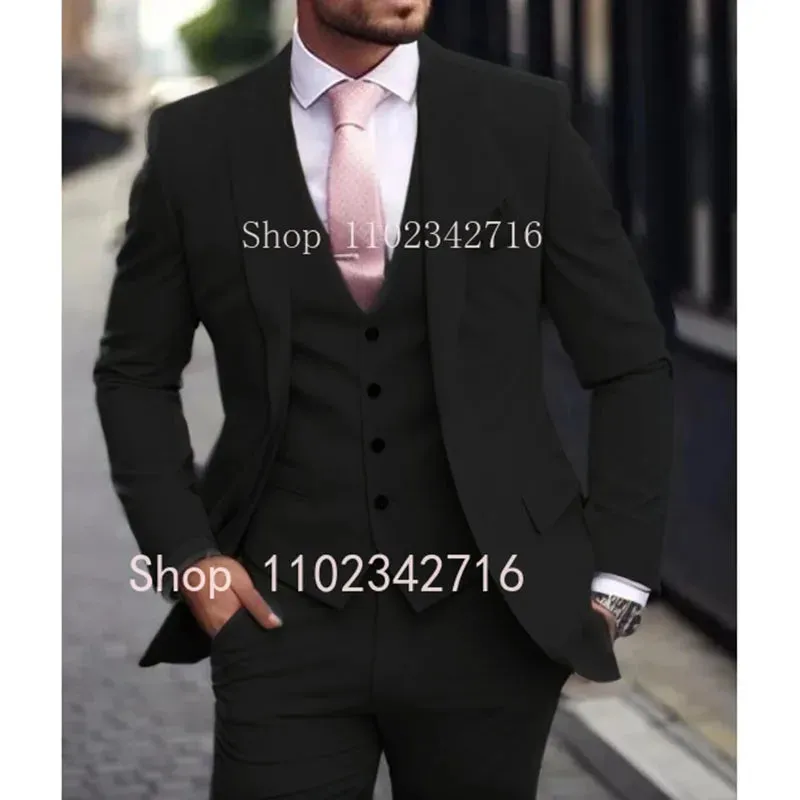 Pink Luxury Men Suits Terno Slim fit 3 Piece Jacket Pant With Vest Groom Wedding Tuxedo Costume Homme Formal Occasion Terno