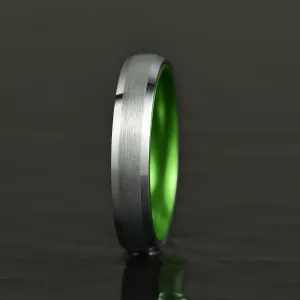 Pristine Passion Green Interior Silver Tungsten Wedding Band 6MM