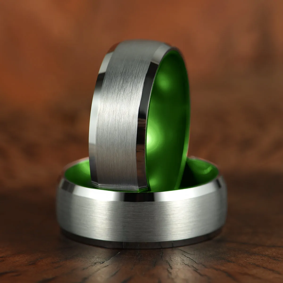 Pristine Passion Green Interior Silver Tungsten Wedding Band 6MM
