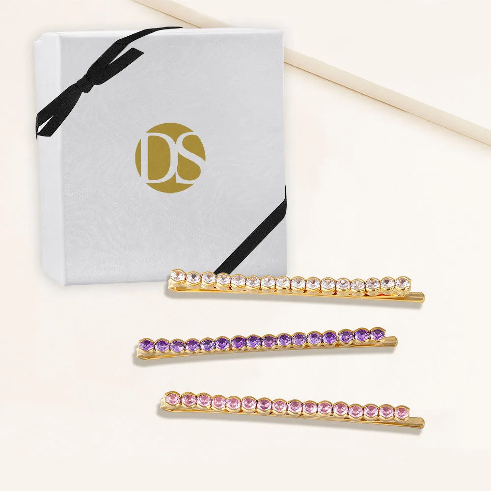 "Full of Possibilities" Set of Three  Clear, Lavender and Rose 4.2CTW Round Cut Cubic Zirconia Hair Pins - Gold