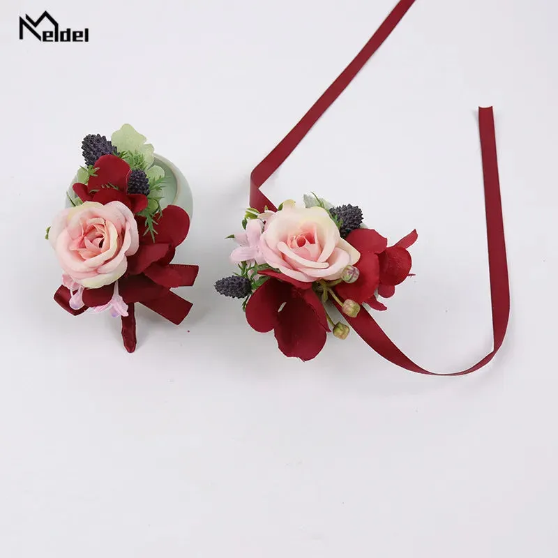 Red Flower Rose Boutonnieres & Bridesmaid Wrist Corsages