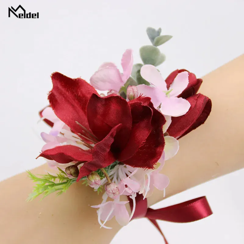 Red Flower Rose Boutonnieres & Bridesmaid Wrist Corsages