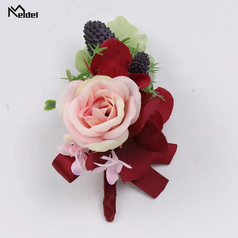 Red Flower Rose Boutonnieres & Bridesmaid Wrist Corsages