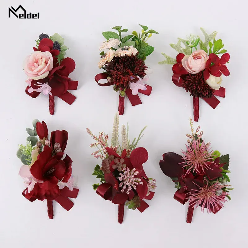 Red Flower Rose Boutonnieres & Bridesmaid Wrist Corsages