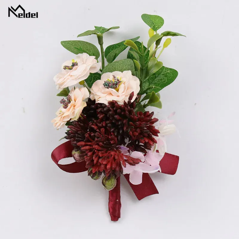 Red Flower Rose Boutonnieres & Bridesmaid Wrist Corsages