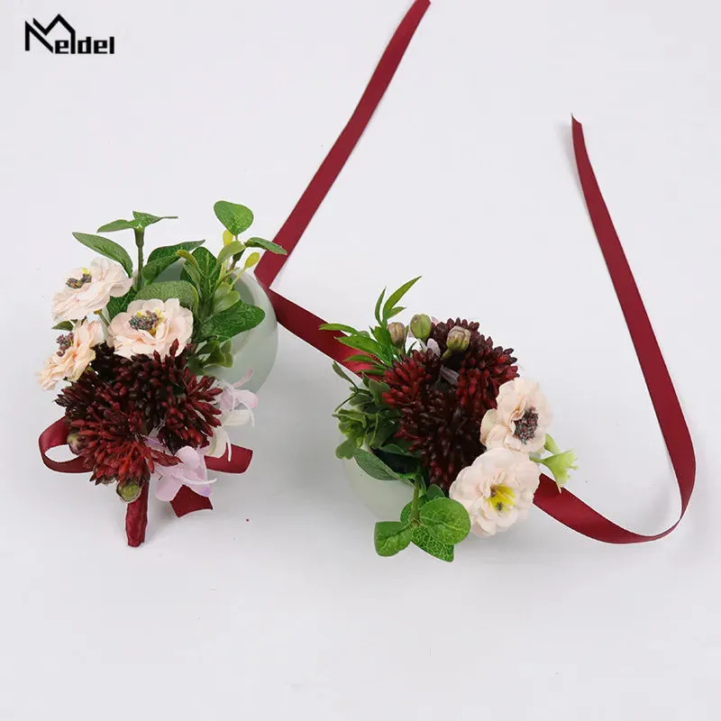 Red Flower Rose Boutonnieres & Bridesmaid Wrist Corsages