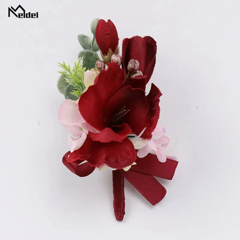 Red Flower Rose Boutonnieres & Bridesmaid Wrist Corsages