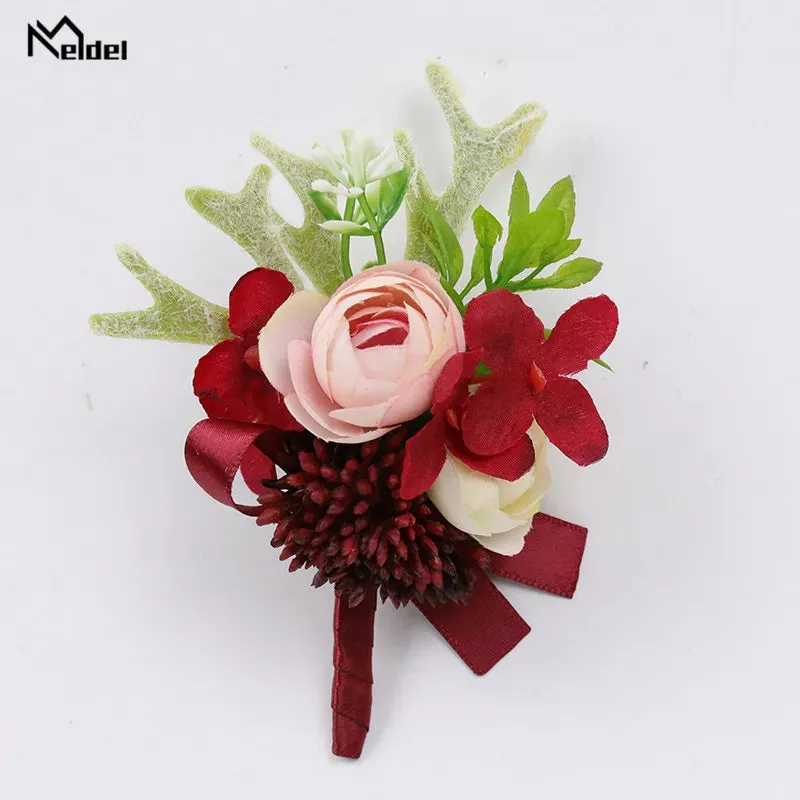 Red Flower Rose Boutonnieres & Bridesmaid Wrist Corsages