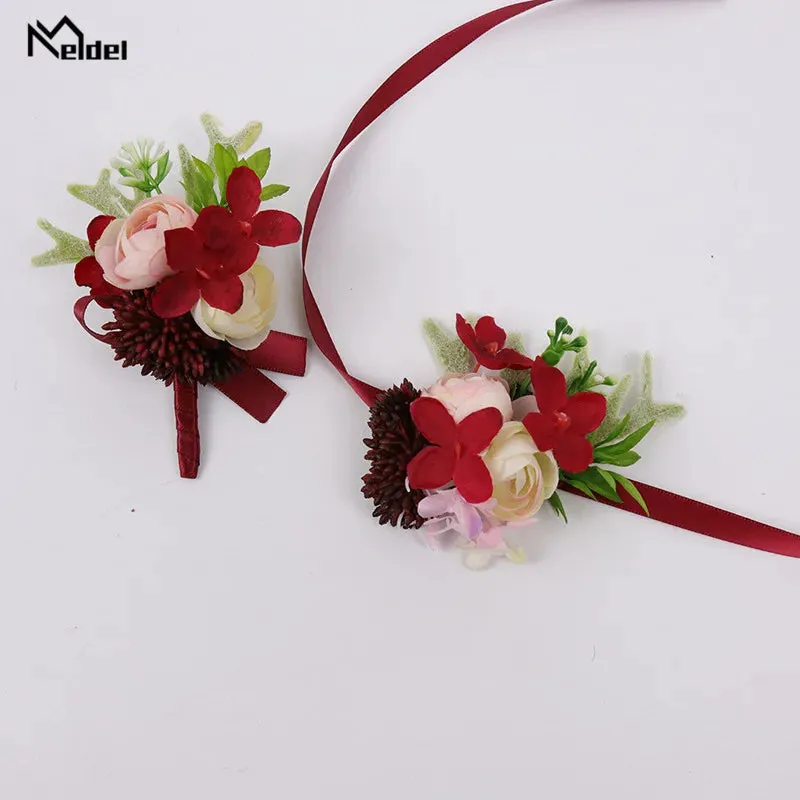 Red Flower Rose Boutonnieres & Bridesmaid Wrist Corsages