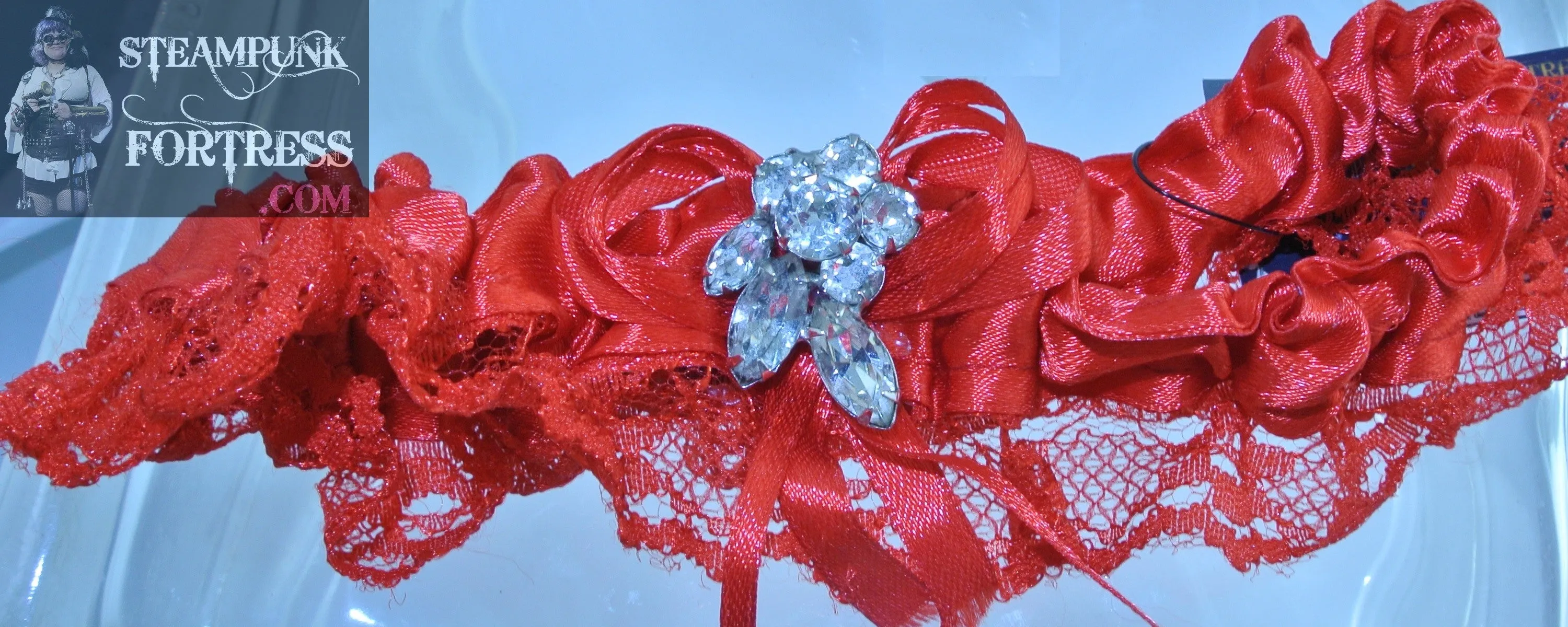 RED SILVER RHINESTONE CLUSTER LACE GARTER WEDDING STARR WILDE STEAMPUNK FORTRESS