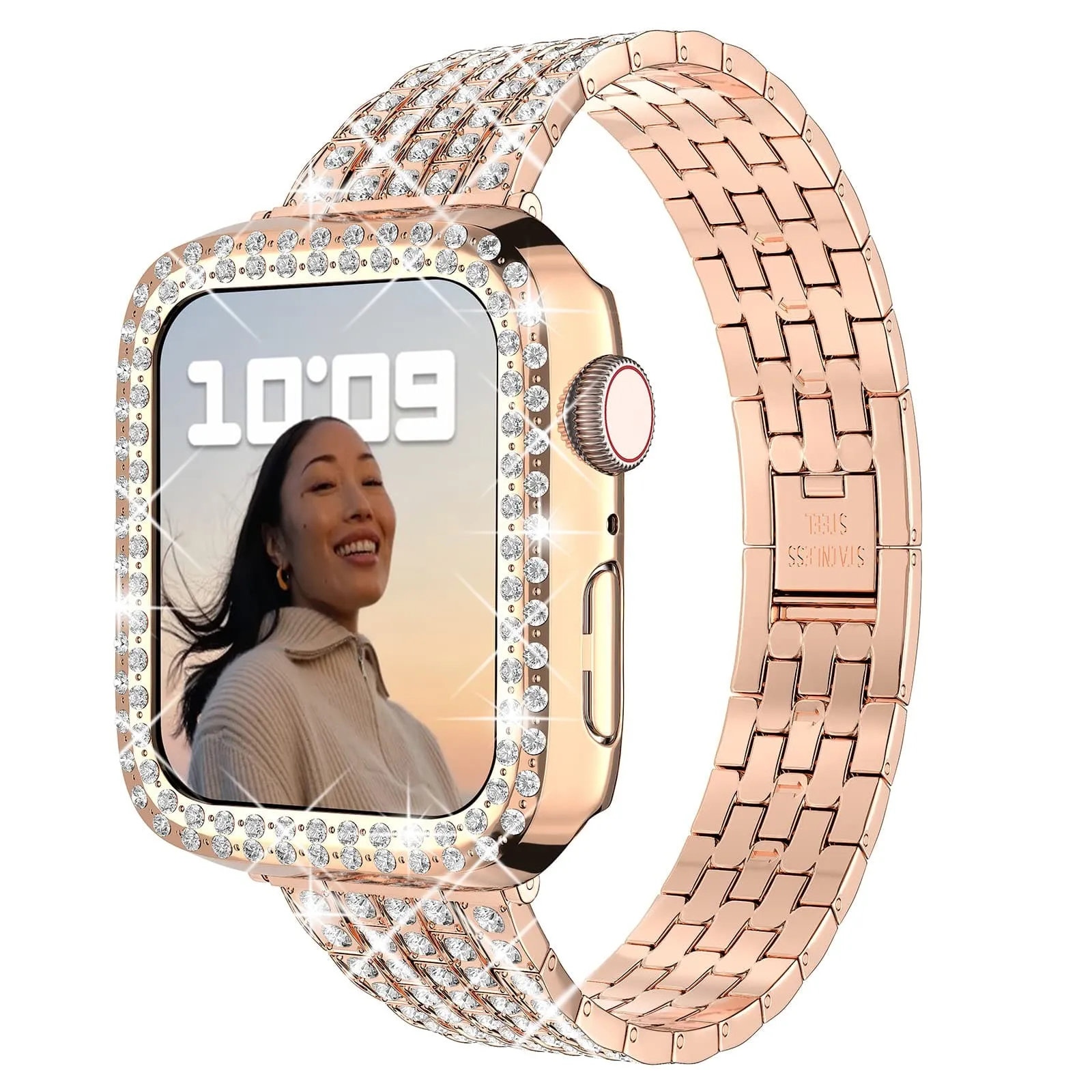 Rhinestone Stainless Steel Watch Band With Case