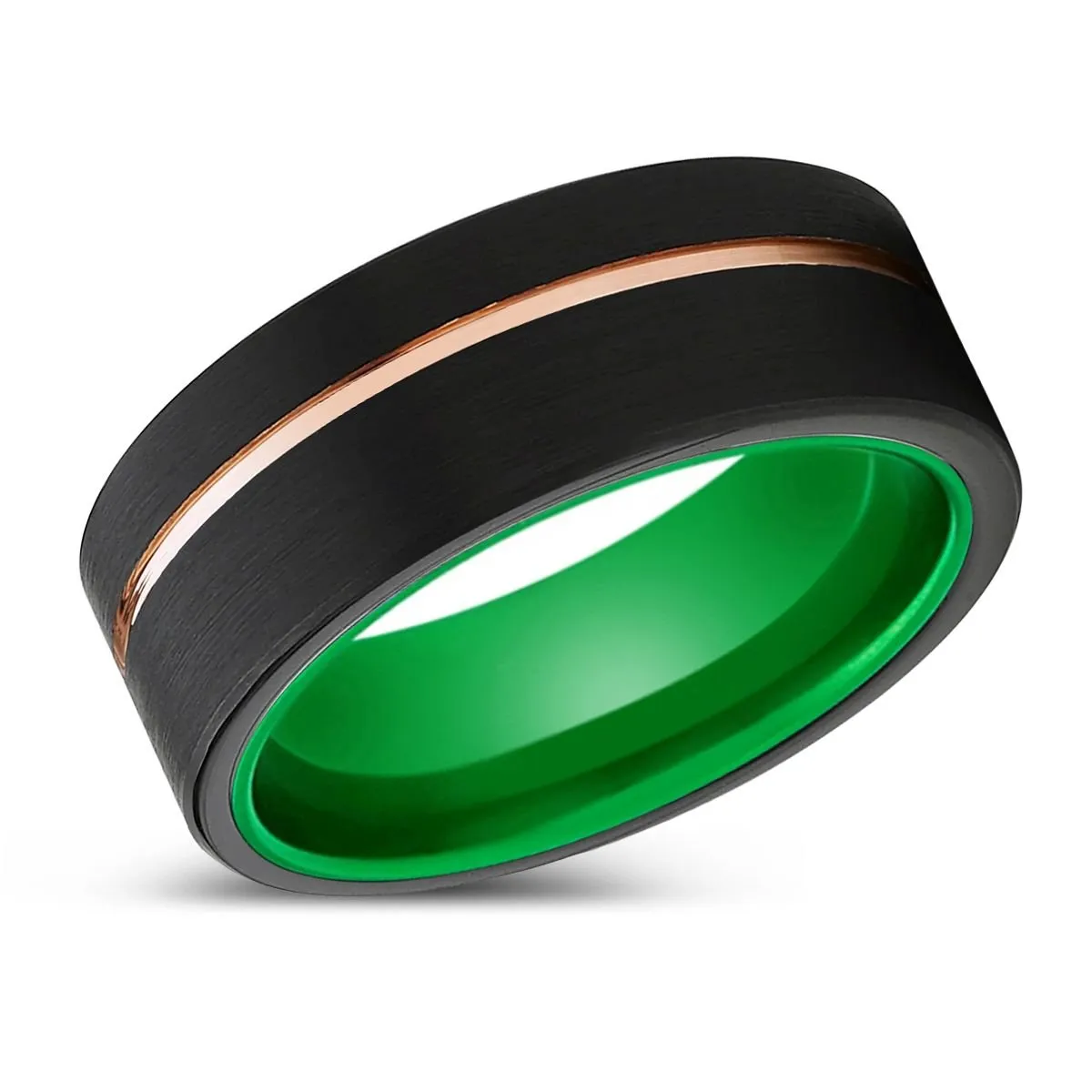 ROYALTY | Green Ring, Black Tungsten Ring, Rose Gold Offset Groove, Brushed, Flat