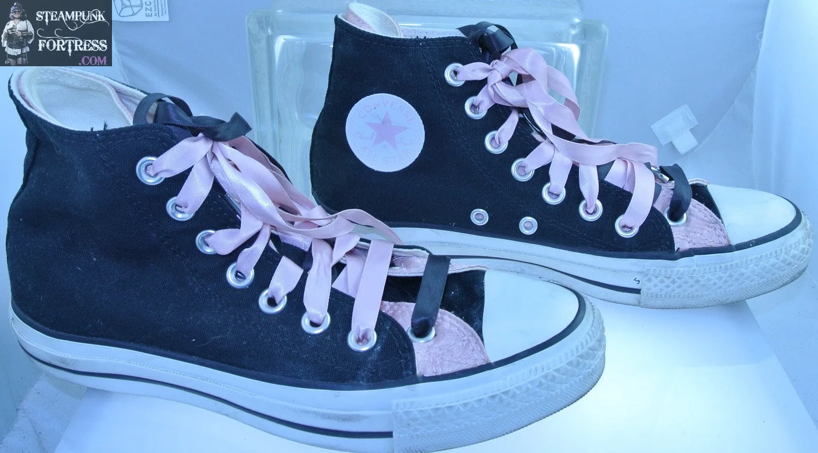 SHOES CONVERSE HIGH TOP HI TOPS BLACK LIGHT PINK DOUBLE INSERT MENS 5 WOMENS SIZE 7 VINTAGE PRE-OWNED