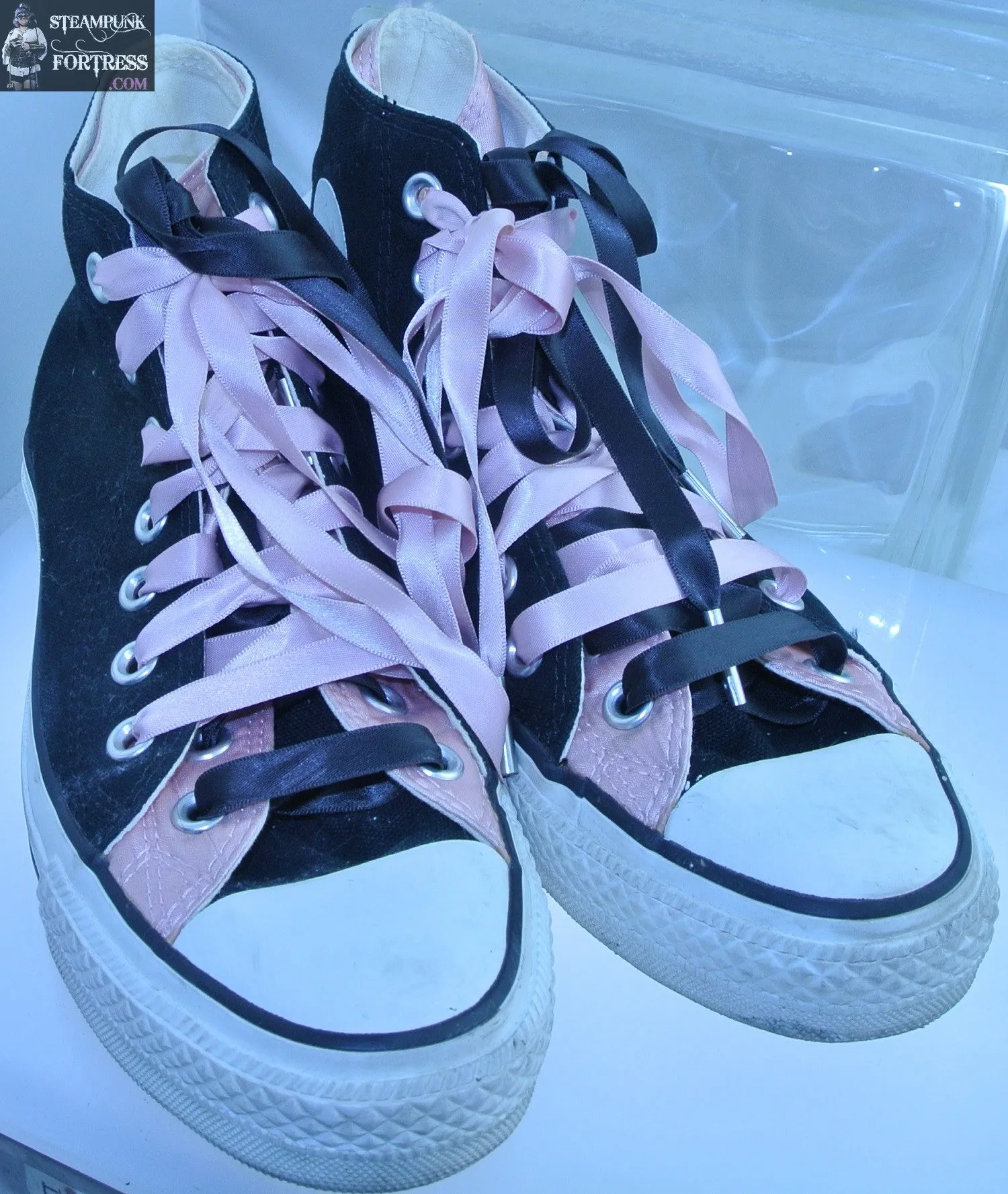 SHOES CONVERSE HIGH TOP HI TOPS BLACK LIGHT PINK DOUBLE INSERT MENS 5 WOMENS SIZE 7 VINTAGE PRE-OWNED