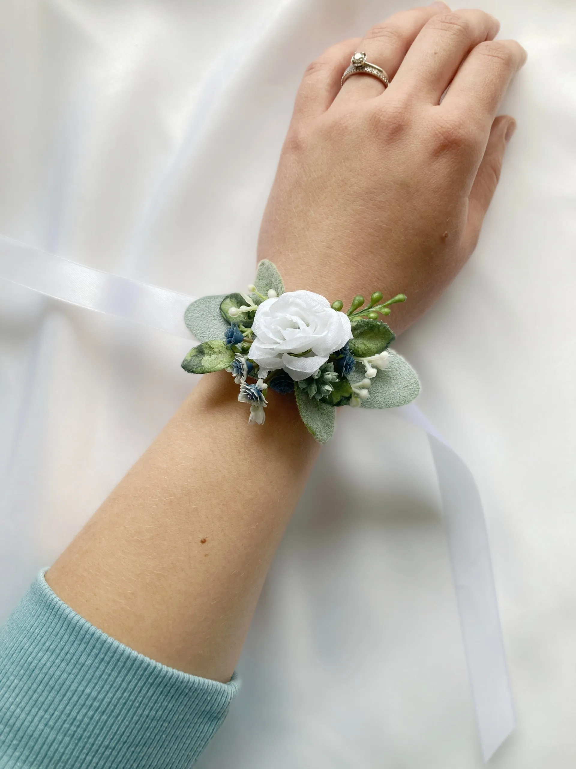 Small Dusty Blue   White Child-Sized Wrist Corsage