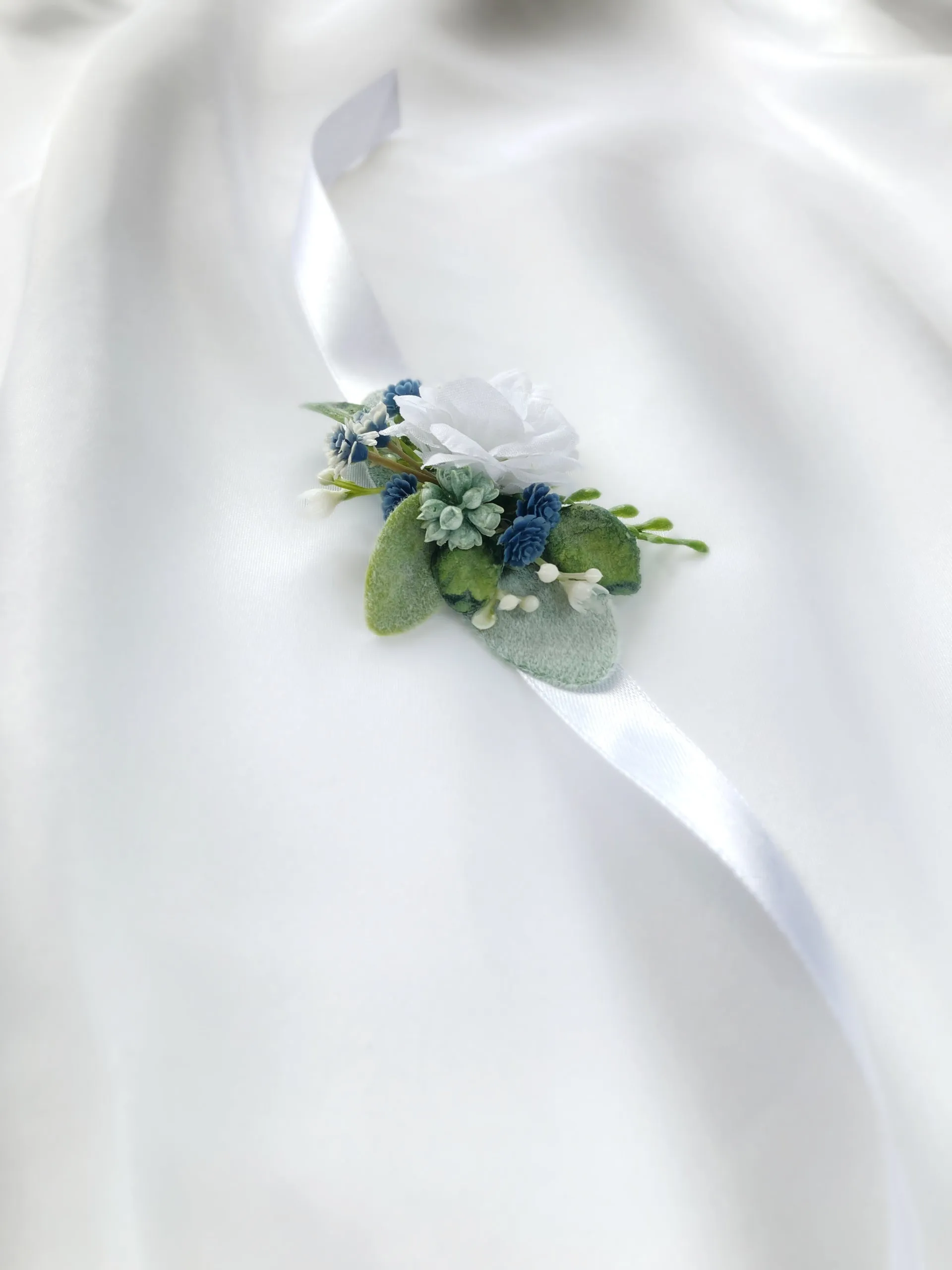 Small Dusty Blue   White Child-Sized Wrist Corsage