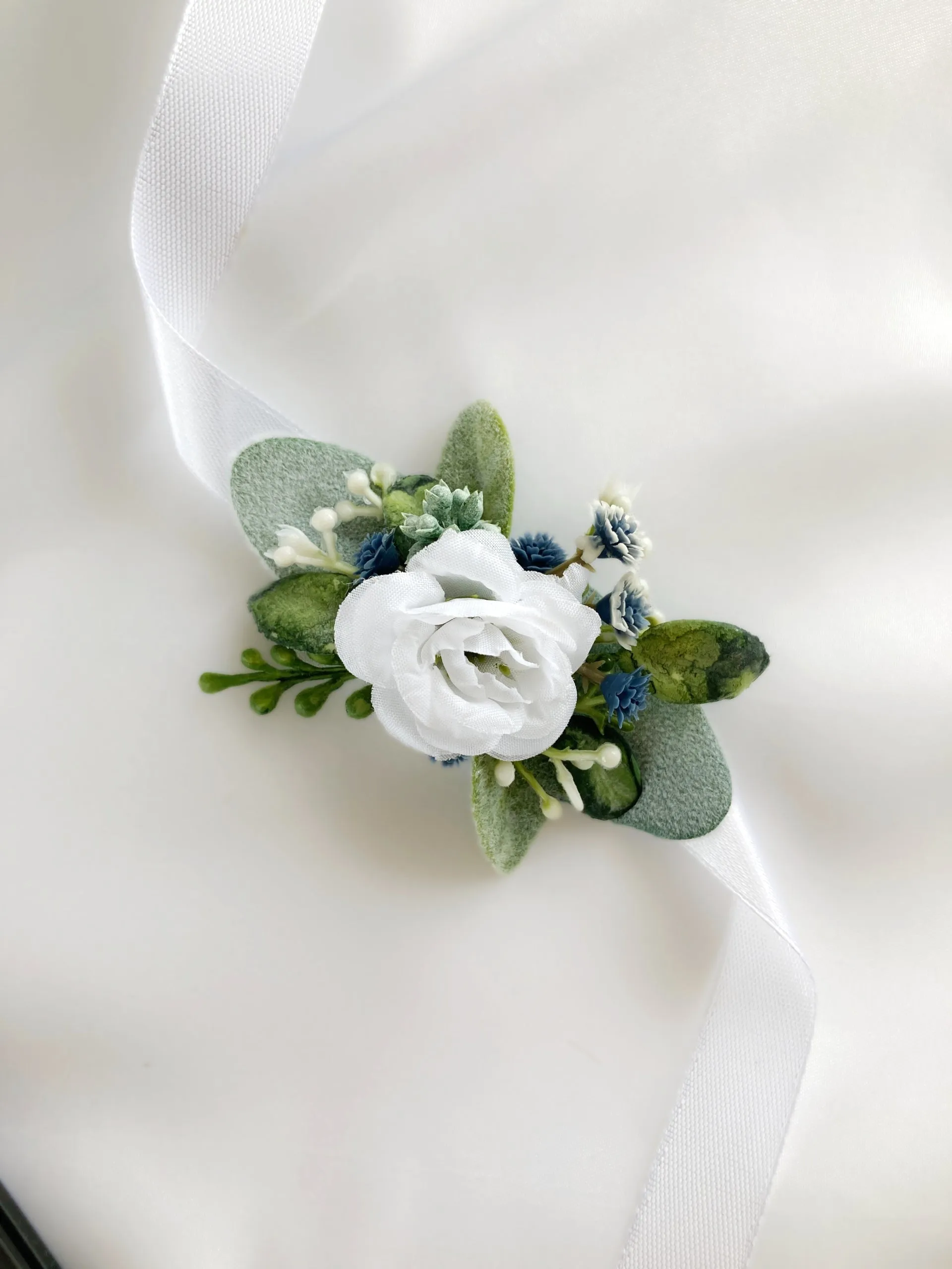 Small Dusty Blue   White Child-Sized Wrist Corsage