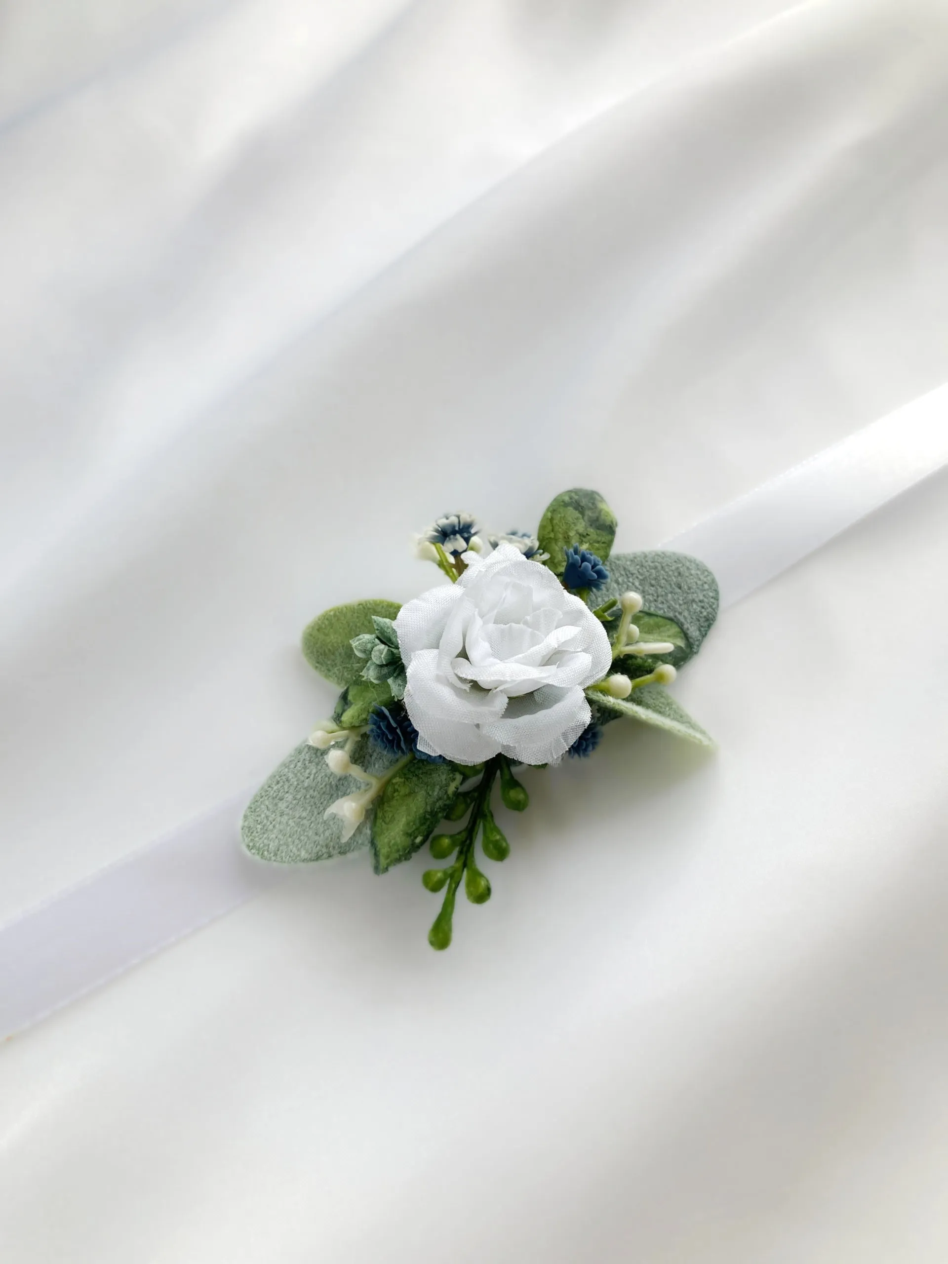 Small Dusty Blue   White Child-Sized Wrist Corsage