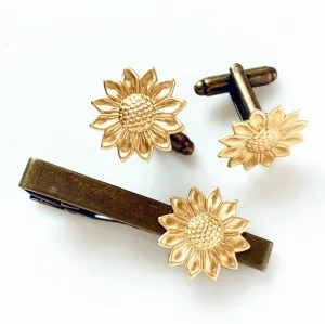Sunflower Cufflinks and Tie Clip in Brass